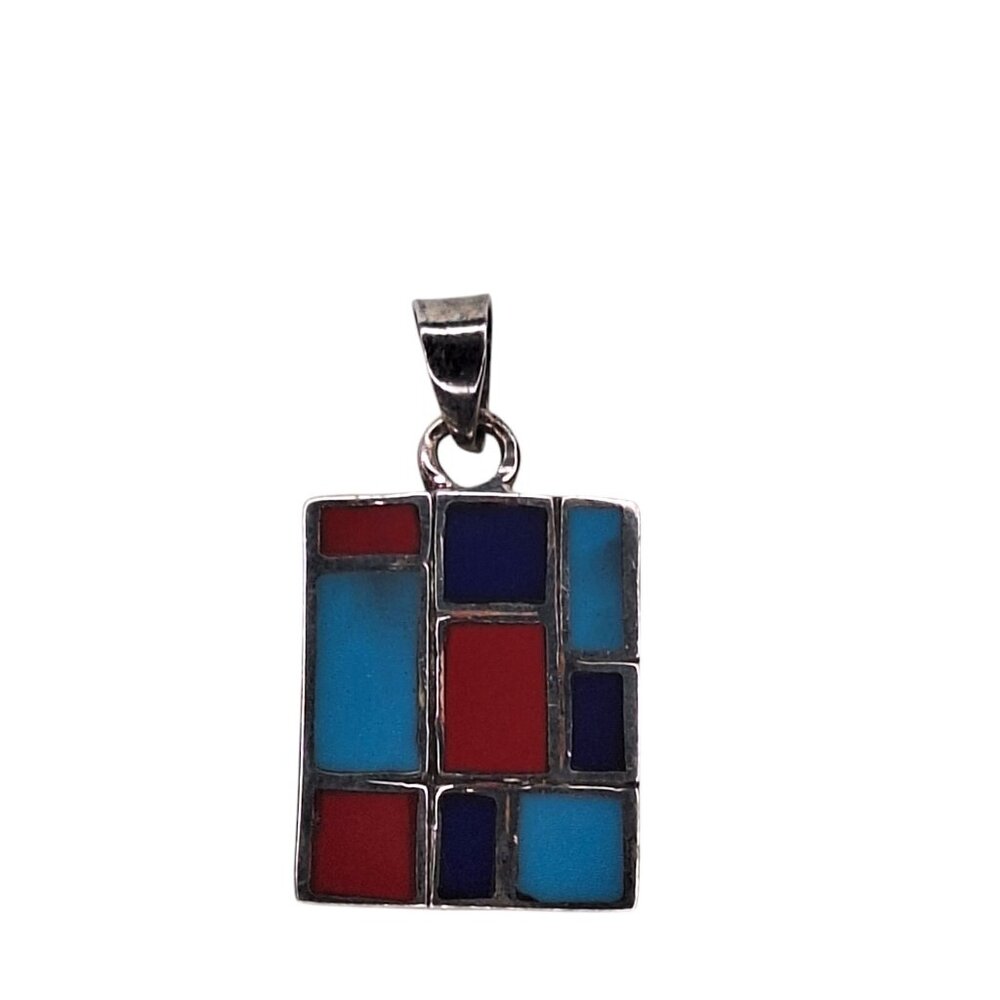 Vintage Sterling Silver Turquoise Coral Lapis Inlaid Rectangle Pendant  7.5g - Picture 9 of 12